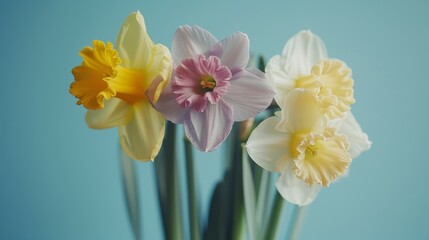 Obraz premium Vibrant yellow and purple blossoms against a serene blue backdrop a celebration of spring s beauty