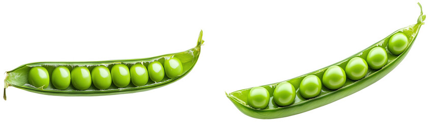 Fresh Green Peas in Pods and Isolated Green Vegetables in Close-Up isolated on transparent background.