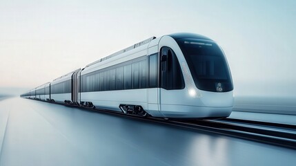 Fototapeta premium Modern Train on Futuristic Tracks, Sleek Design with Streamlined Shapes Surrounded by Tranquil Landscape at Dawn, Symbolizing Innovation in Public Transportation