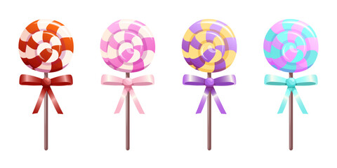 Set of colorful lollipops on a wooden stick with a bow. Twisted sucker candy hard sugar caramel, lollypop isolated on white background. Sweet food icons.