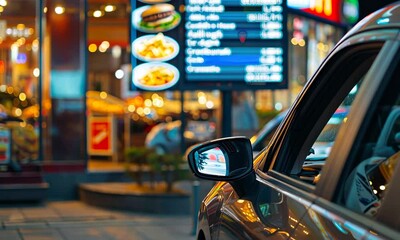 Car waits at drive-through with menu screen visible, illuminated by colorful lights
