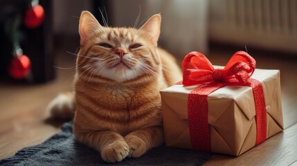 Christmas cat holding a gift