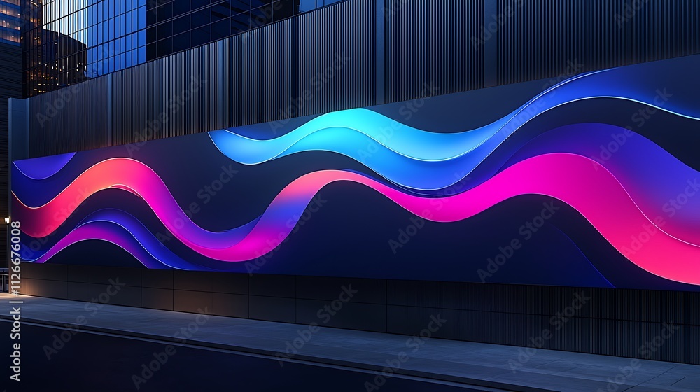 Poster a striking panoramic view of a customizable billboard displaying vibrant waves of color at dusk in a