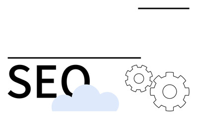 SEO text with two gears and a blue cloud. Ideal for digital marketing, search engine optimization, online strategy, web, v09 development, content creation, web, v09site management, business growth