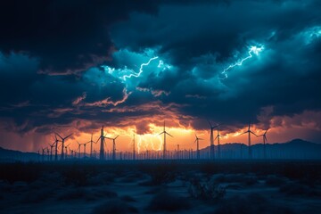 Lightning storm over wind turbines at sunset