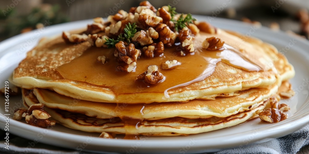 Poster boiled pancakes topped with sweet condensed milk and garnished with walnuts create a delightful trea