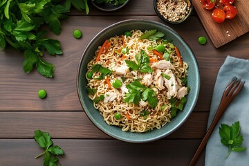 Freshly prepared chicken noodle dish with vegetables garnished with parsley on wooden table