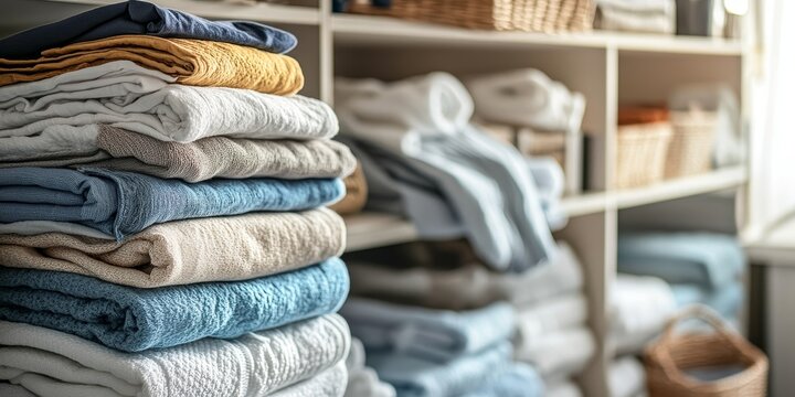 Stacks of clean clothes organized in a utility room showcase neatness and order, highlighting the importance of having clean clothes readily available in a well maintained utility room.
