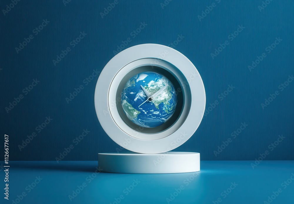 Aufkleber modern design globe displayed in a circular frame on a smooth surface with blue background, showcasi