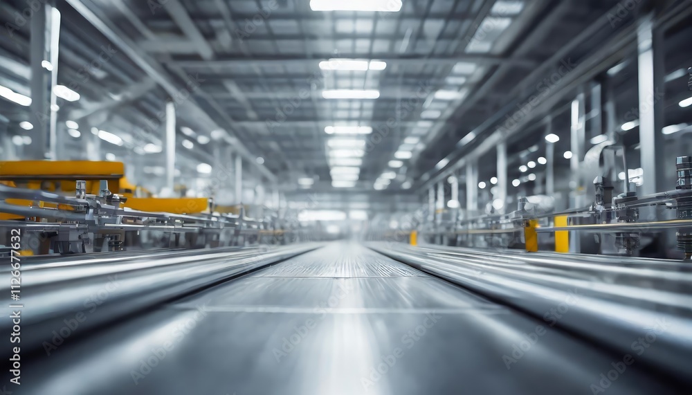 Poster clean and polished metallic assembly line surface with a blurred dynamic factory background, showcas