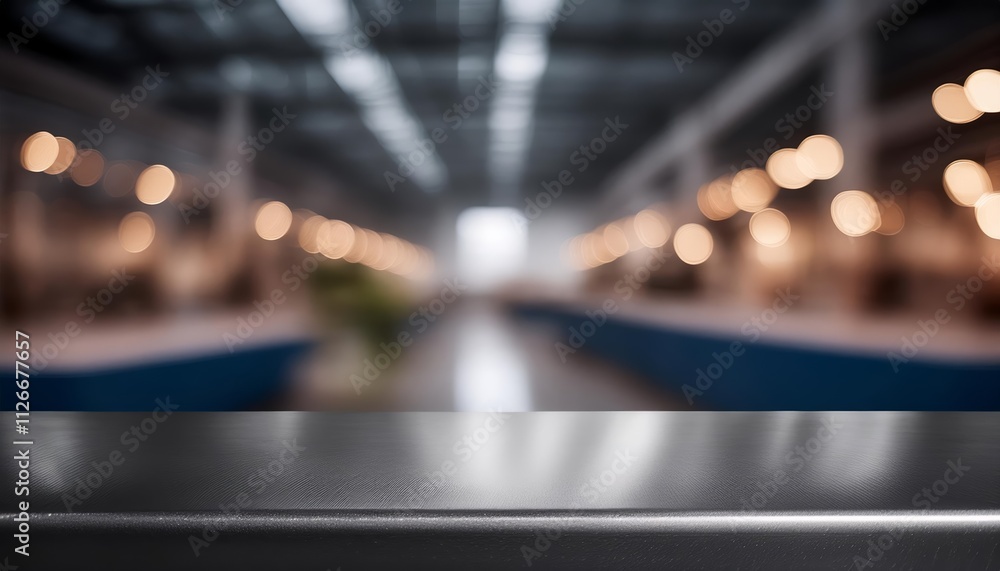 Poster clean metallic assembly line surface with blurred dynamic factory background - ideal for industrial 