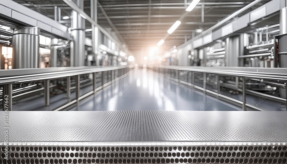 Poster clean metallic assembly line surface with blurred dynamic factory background â€“ ideal for industria