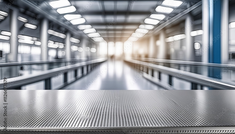 Poster clean, metallic assembly line surface with blurred dynamic factory background - a modern industrial 
