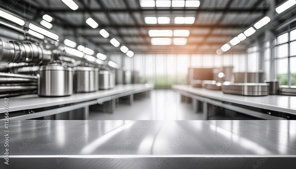 Poster pristine clean metallic assembly line surface with blurred dynamic factory background: a modern indu