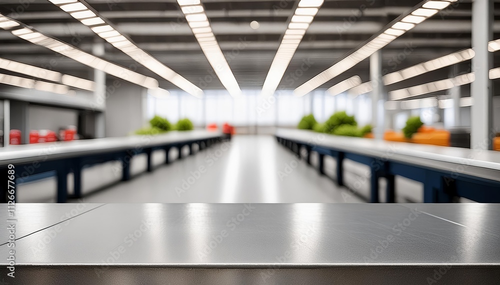 Poster clean metallic assembly line surface with blurred dynamic factory background - a modern industrial s