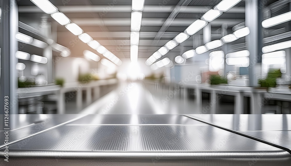 Poster clean, metallic assembly line surface with a blurred, dynamic factory background - ideal for industr