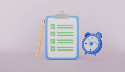 Checklist and alarm clock with project plan, Task checklist alert, deadline with white paper sheet on clipboard concept