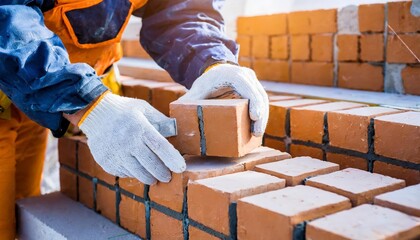 CloseUp Hands of a Skilled Bricklayer at Work, Expertly Laying Bricks for a Solid Structure, Showcasing Precision and Craftsmanship in Construction Projects