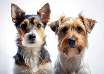 Silhouette Portrait: Jack Russell & Yorkshire Terrier Closeup, Isolated White Background Dog Photography