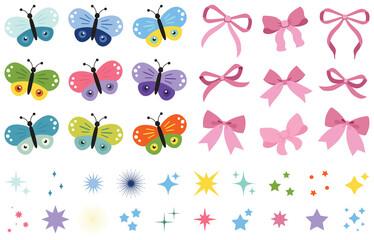 Butterfly collection. Colorful clipart set. Baby shower design elements. Party invitation, birthday celebration. Summer, spring. Sparkles. Glitter sparkle. Vector soft pink vintage bows. Girly decor