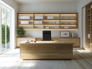 Fototapeta premium modern office interior with wooden furniture and natural light