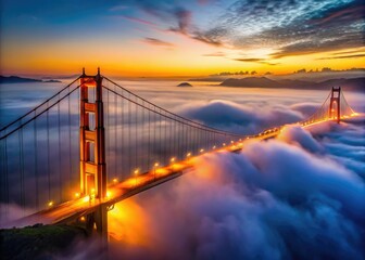 Obraz premium Aerial shot: Golden Gate Bridge shrouded in night fog, San Francisco skyline shimmering below.