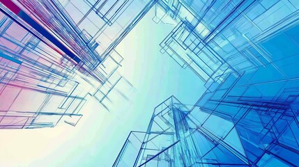 Abstract contemporary cityscape featuring a futuristic skyline with colorful sky and wireframe line patterns. A modern digital 3D render showcasing innovation, urban design, and architectural vision