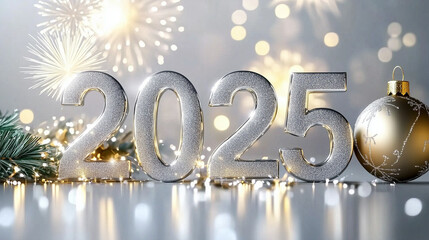 New Year 2025 celebration background with silver and gold numbers on a white bokeh light grey stone table, fireworks, and festive decorations. Perfect for holiday greeting cards, posters, and social m