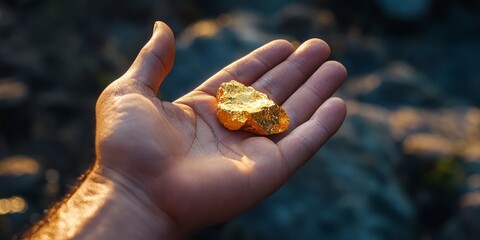 Pure gold ore displayed in a hand, showcasing the richness and beauty of pure gold ore. This image highlights the significance of pure gold ore in mining and geology.