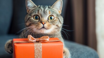 Christmas cat holding a gift