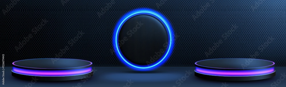 Poster An immersive game portal interface with neon circle effect and hologram light technology. A futuristic glow podium teleport element. A 3D glow hud design. Virtual pedestal to interface with VR.
