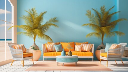 Fototapeta premium Bright Coastal Living Room with Modern Furniture and Tropical Plants