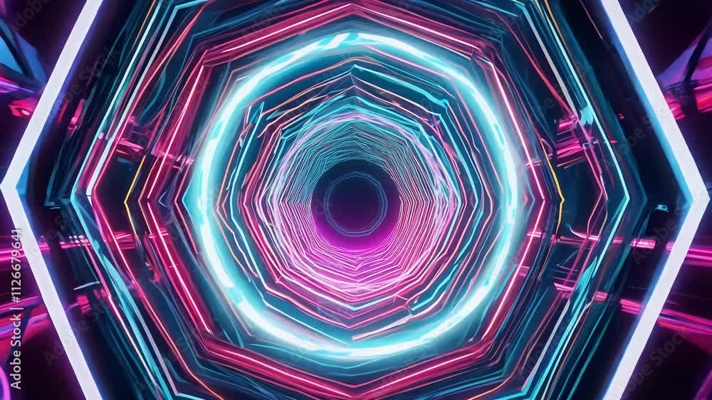 Poster camera revolves around a pulsing energy core that emits geometric patterns into space