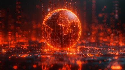 Planet Earth Glowing Orange On Digital Binary Code Circuitry Global Warming Or Technology Concept
