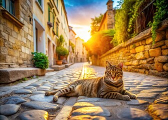 Athens' street cat, a gray tabby, finds peaceful repose on historic Greek ruins.