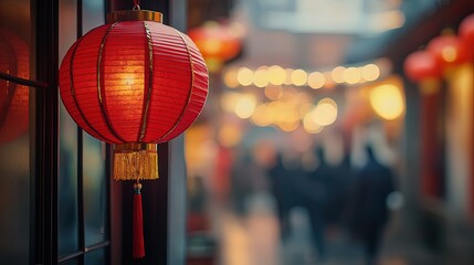 A red lantern hangs in the window. Outside is an ancient Chinese street with soft lighting and warm...