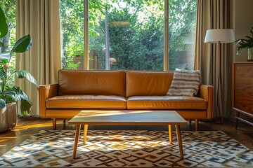 Mid century Modern interiors in the living room with brown leather sofas and wooden cafe tables in view. Generative AI
