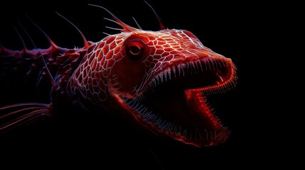 Fototapeta premium Abyssal Horror: Close-up of a fearsome deep-sea dragonfish, its bioluminescent features glowing eerily in the dark ocean depths. A chilling portrait of a creature from the abyss.