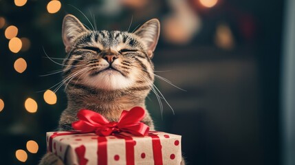 Christmas cat holding a gift