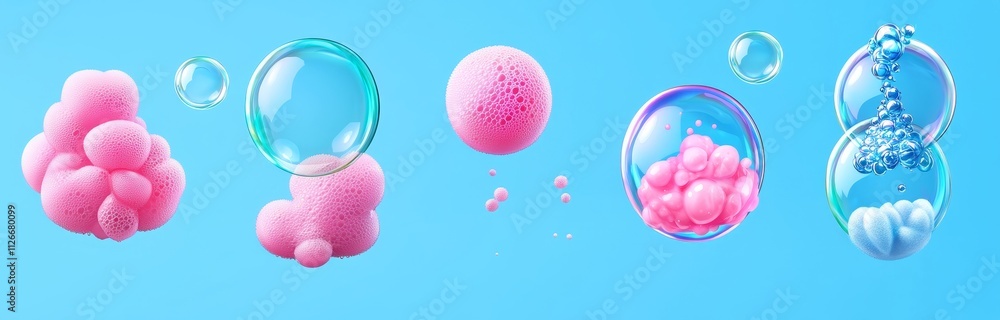 Poster realistic transparent soap bubble with neon rainbow light texture. abstract blow object icon with cl