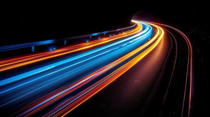 Colorful Light Trails from Car Headlights, Speeding Through Dark Highway Tunnel at Night