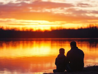 father and child enjoying a sunset by the lake