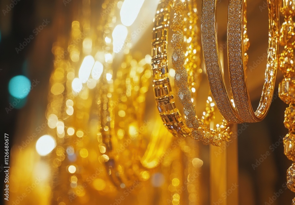 Poster sparkling collection of gold jewelry in a display case capturing the glimmer of elegance with bokeh 