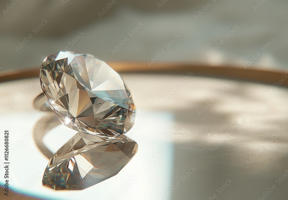Poster sparkling diamond on a reflective surface with soft natural light creating elegant shadows and enhan