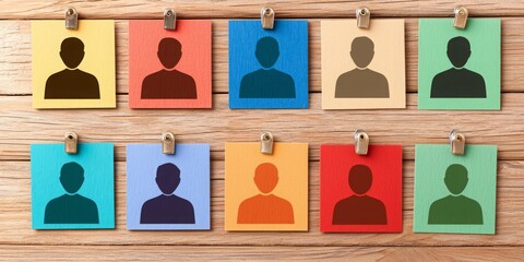 Employee and recruitment benefits. A colorful arrangement of silhouette portraits pinned on a wooden background, representing diverse individuals in a creative display.