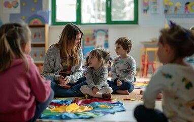 Happy sunny daycare poster. Morning circle time in a kindergarten, laughing children playing with toys, sitting on the floor with a teacher. Happy childhood banner. Diversity concept.