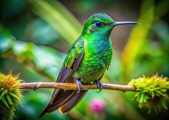 Obraz premium Stunning Green-crowned Brilliant Hummingbird Resting in a Lush Costa Rican Tree - Vibrant Wildlife Photography