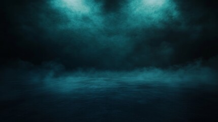 Fototapeta premium Mysterious dark street with wet asphalt reflective neon lights, atmospheric abstract blue background with spotlights, and smoky interior perfect for product displays or cinematic scenes