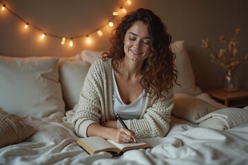 Smiling woman writing in cozy bedroom with fairy lights, self-care