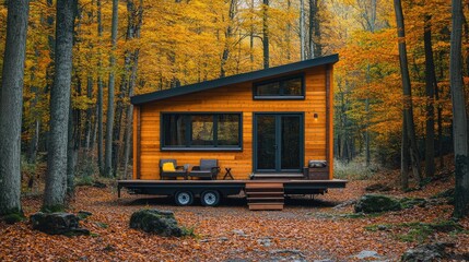 Obraz premium Modern tiny house in autumn forest.